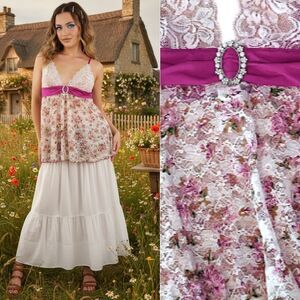 VTG Y2K Coquette Pink Floral Lace Embellished Babydoll Cami Top XL